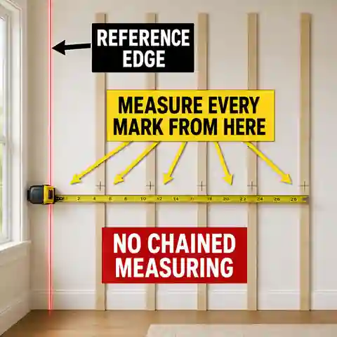 Tape measure and laser marking every board and batten position from the same wall edge