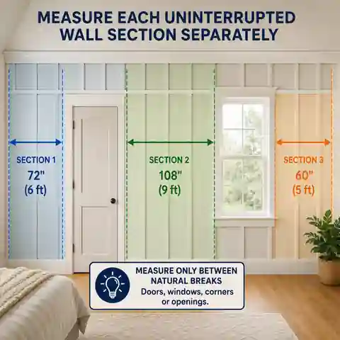 Board and batten wall divided into separate measured sections around a doorway and corner
