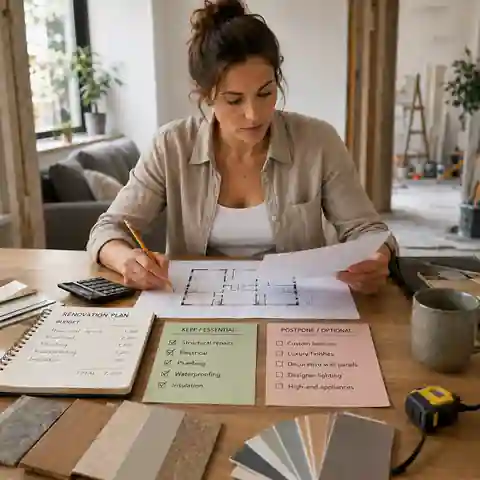 Homeowner reviewing renovation costs and postponing optional upgrades while protecting essential work