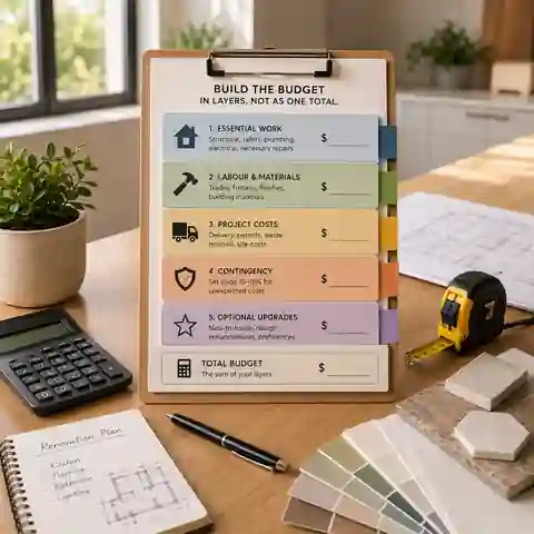Home renovation budget divided into essential work, project costs, contingency and optional upgrades