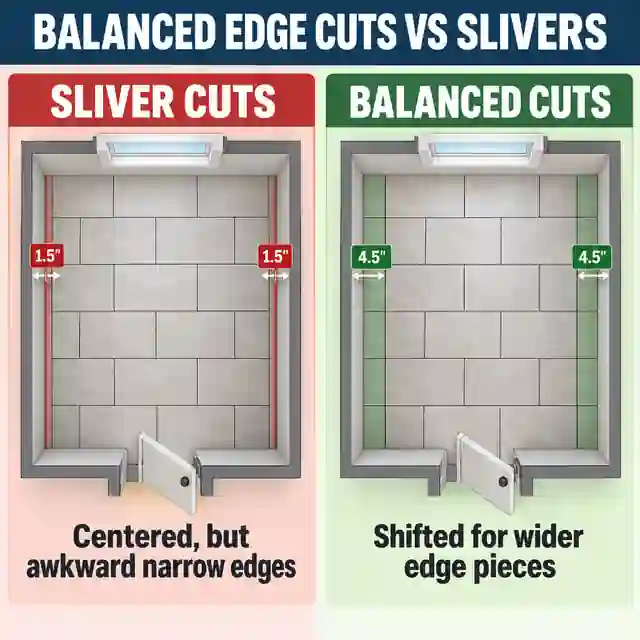 Tile floor layout comparison showing narrow sliver cuts versus wider balanced perimeter cuts