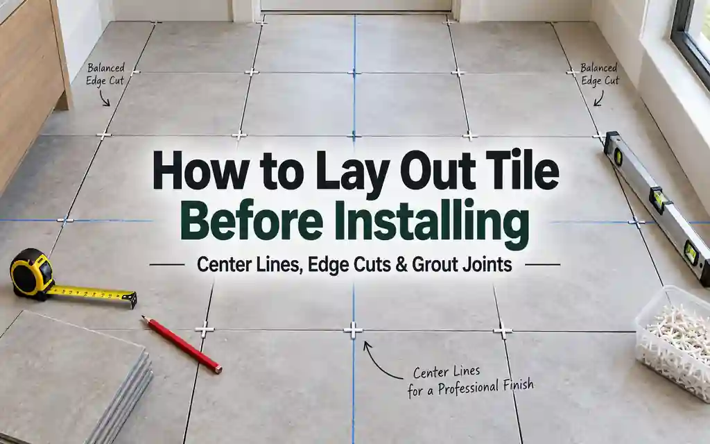Tile floor dry layout with center lines, balanced edge cuts and grout joint spacing
