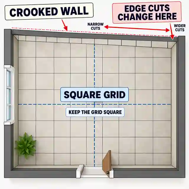 Tile grid with square reference lines inside a room where one wall tapers, creating gradually changing edge cuts