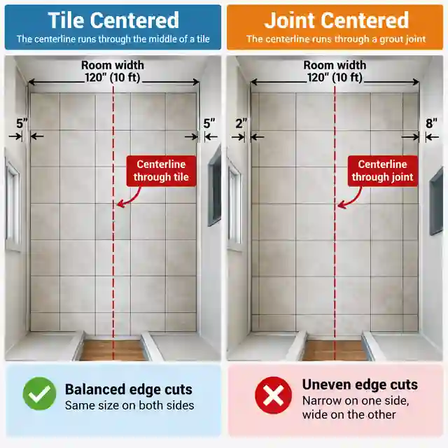 Two tile layout diagrams comparing a centerline through a full tile with a centerline through a grout joint