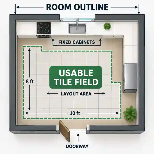 Plan view showing room walls, doorway, fixed cabinets and the smaller usable floor area for tile layout