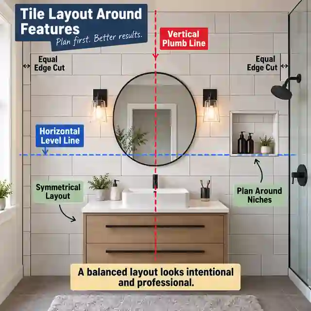 Bathroom wall tile layout around a vanity, niche and outside edge using plumb and level reference lines