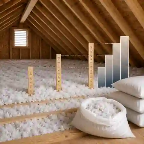 Blown-in insulation coverage chart beside depth markers and counted bags