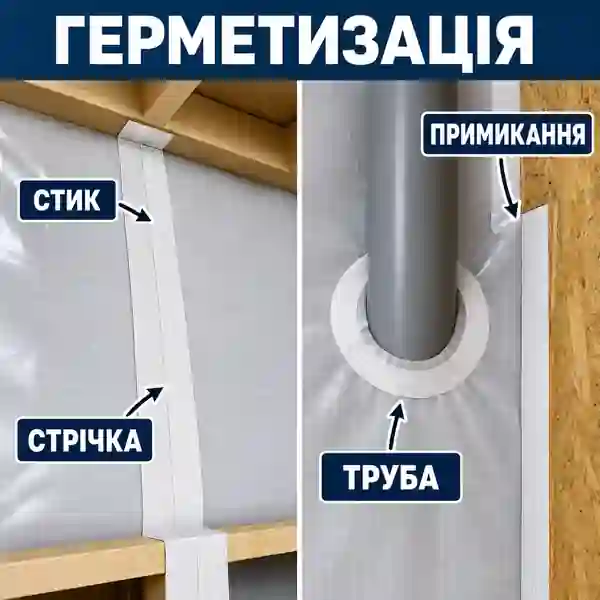 Проклеювання стиків пароізоляції та герметизація проходу труби через плівку
