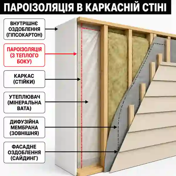 Схема каркасної стіни з утеплювачем, внутрішньою пароізоляцією та зовнішньою дифузійною мембраною