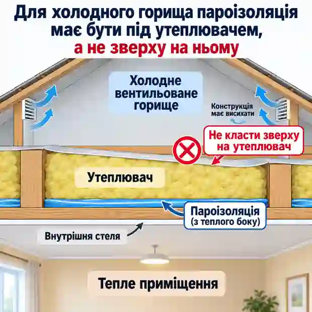Схема перекриття холодного горища з пароізоляцією з теплого боку і шаром утеплювача зверху