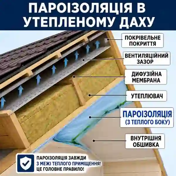 Схема утепленого скатного даху з внутрішньою пароізоляцією та зовнішньою мембраною