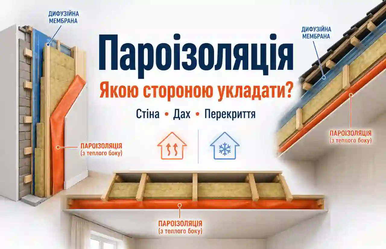 Схематичне розміщення пароізоляції у стіні, утепленому даху та перекритті холодного горища