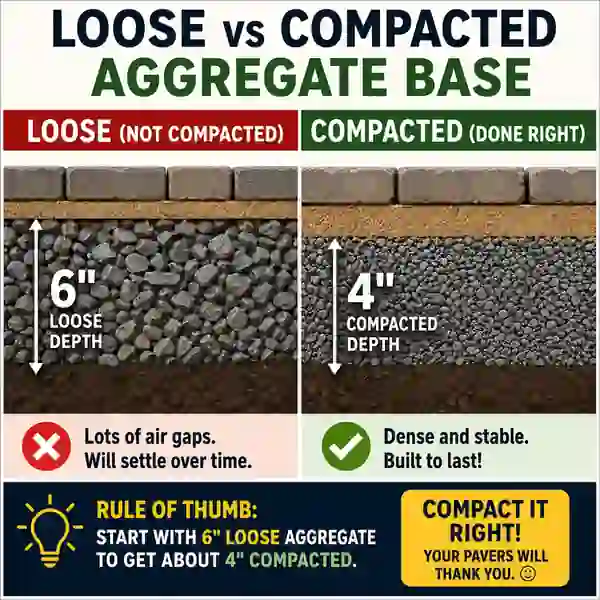 Loose crushed aggregate being compacted into a thinner dense paver base layer