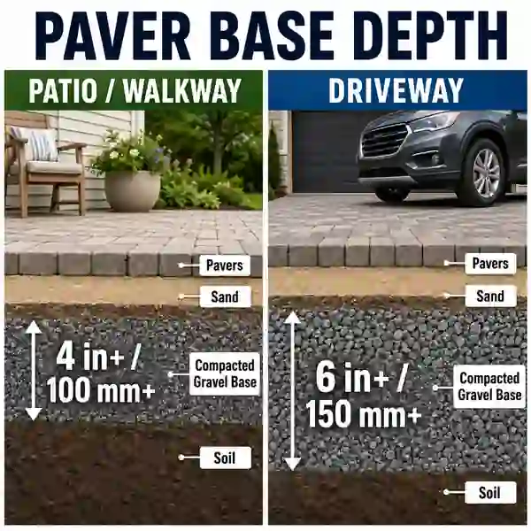 Side by side patio walkway and driveway paver sections with different compacted aggregate depths