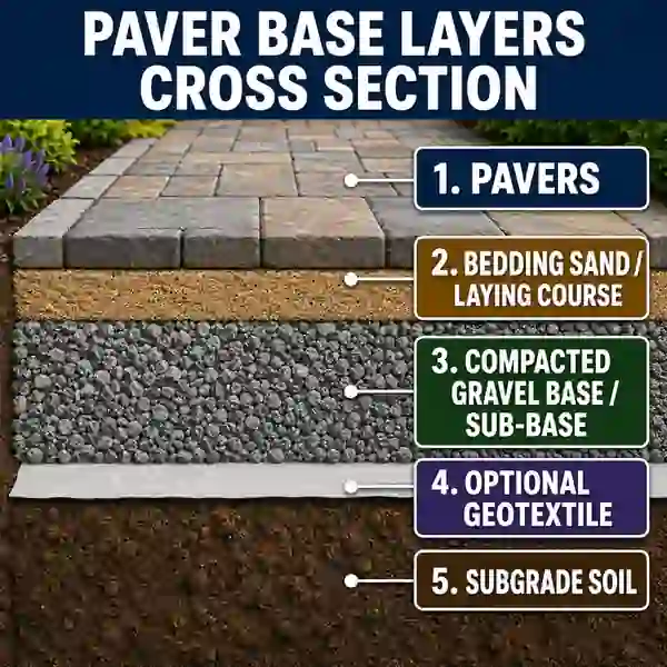 Cross section of pavers over bedding sand compacted crushed aggregate geotextile where required and prepared soil