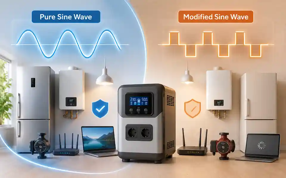 Smooth pure sine wave compared with stepped modified sine wave output from a power inverter