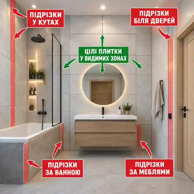 Схема ванної кімнати з позначеними видимими зонами для цілої плитки та менш помітними місцями для підрізки