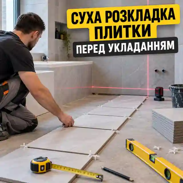 Суха розкладка плитки з хрестиками для перевірки ширини швів і крайніх підрізок