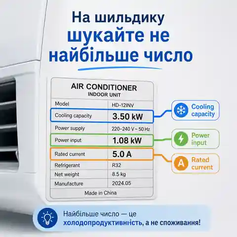 Шильдик кондиціонера з окремими полями холодопродуктивності, споживаної потужності та струму