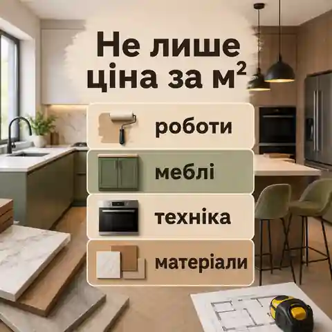 Структура бюджету ремонту кухні з меблями, технікою та оздобленням