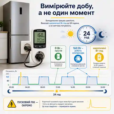 Вимірювання споживання холодильника розетковим ватметром протягом доби