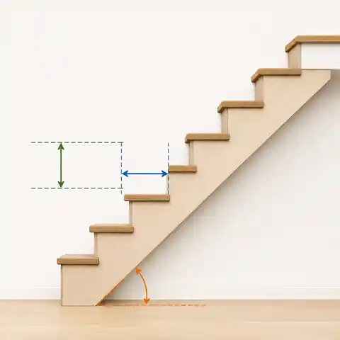 Stair anatomy diagram showing riser height, nosing-to-nosing run, tread surface, total rise and total run