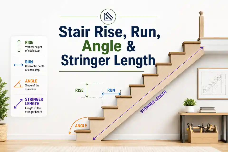 Straight staircase geometry showing total rise, tread run, stair angle, step count and stringer length