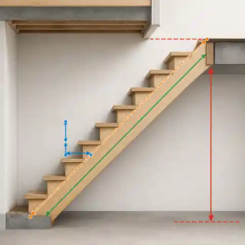 Stair pitch line through the tread nosings showing one rise, one going, pitch rise, total run, stringer length and headroom