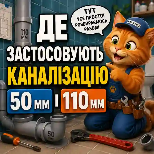 Схема використання каналізаційної труби 50 мм і 110 мм у ванній кімнаті та санвузлі