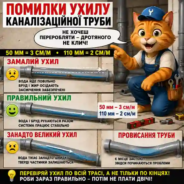 Типові помилки ухилу каналізаційної труби: занадто малий, занадто великий і провисання посередині