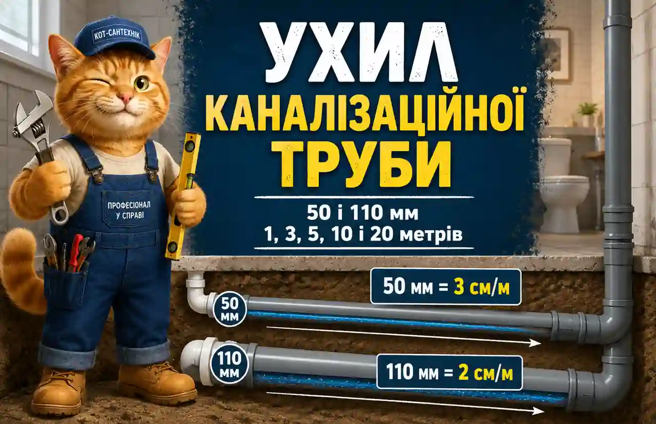 Наочне порівняння ухилу каналізаційної труби 50 мм і 110 мм