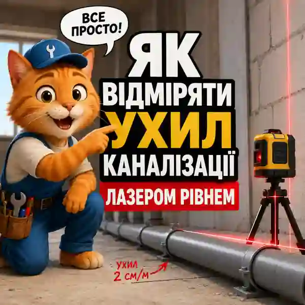 Перевірка ухилу каналізаційної труби рівнем і рулеткою під час монтажу