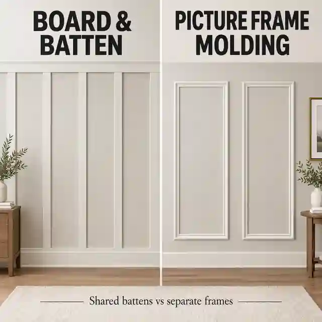 Diagram comparing shared board and batten rails with separate picture frame molding boxes