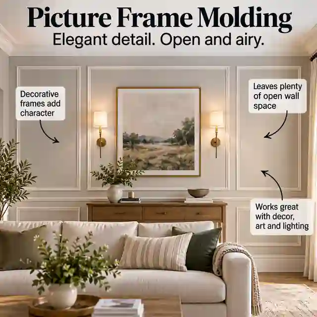 Living room wall with evenly spaced picture frame molding boxes around artwork and a console