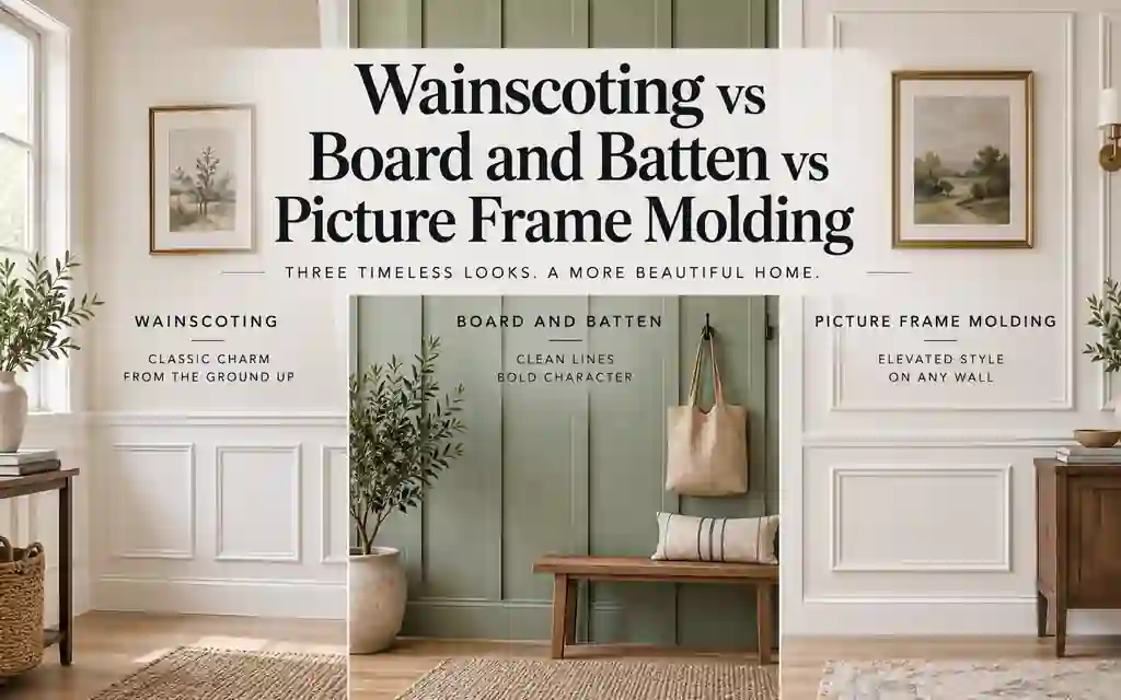 Wainscoting, board and batten and picture frame molding compared on three interior wall designs