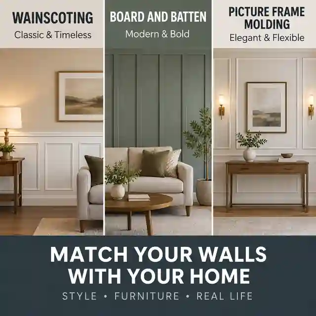 Comparison showing sofa, console, artwork and wall trim aligned with wainscoting, board and batten and picture frame molding