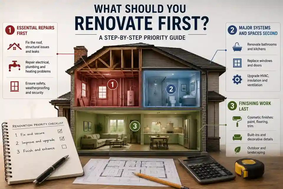 Planning what to renovate first by prioritising essential repairs, major systems and finishing work