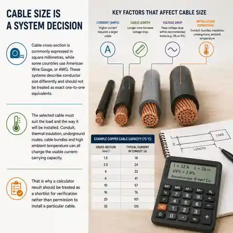 Electrical cable sizing factors including current, cable length, voltage drop and installation conditions