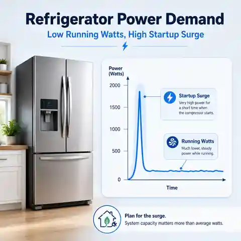 Refrigerator power profile showing a short compressor startup surge followed by lower running watts