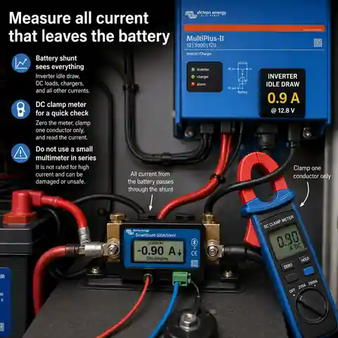 Battery shunt measuring inverter idle current on the DC side