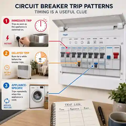 Circuit breaker panel with household appliances illustrating immediate, delayed and appliance-specific tripping patterns