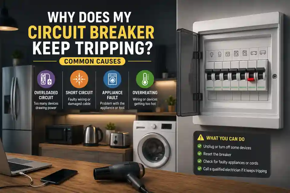 Tripped circuit breaker in a home electrical panel with several household appliances