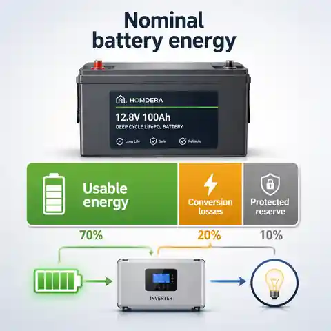 Battery capacity divided into usable energy, conversion losses and protected reserve