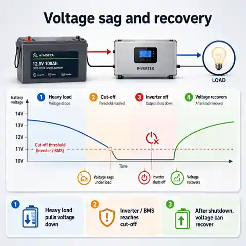 Battery voltage dropping under load and recovering after inverter shutdown