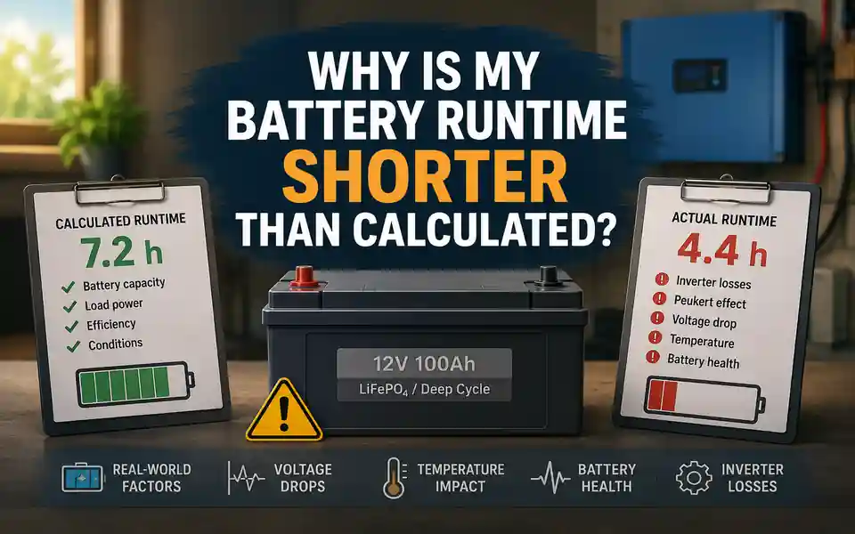 Battery backup system showing a shorter actual runtime than the calculated estimate