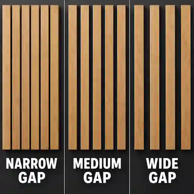Three wood slat wall samples comparing narrow, medium and wide clear gaps with the same slat width