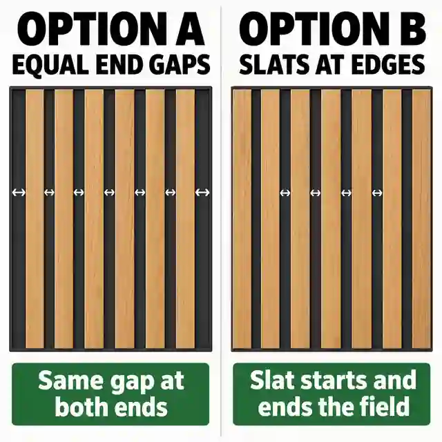 Diagram comparing equal end gaps with a wood slat positioned at both outer field edges