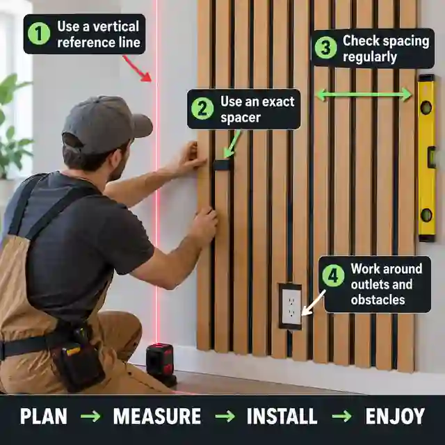 Wood slat wall installation diagram showing laser line, exact spacer, repeated marks and an outlet kept clear