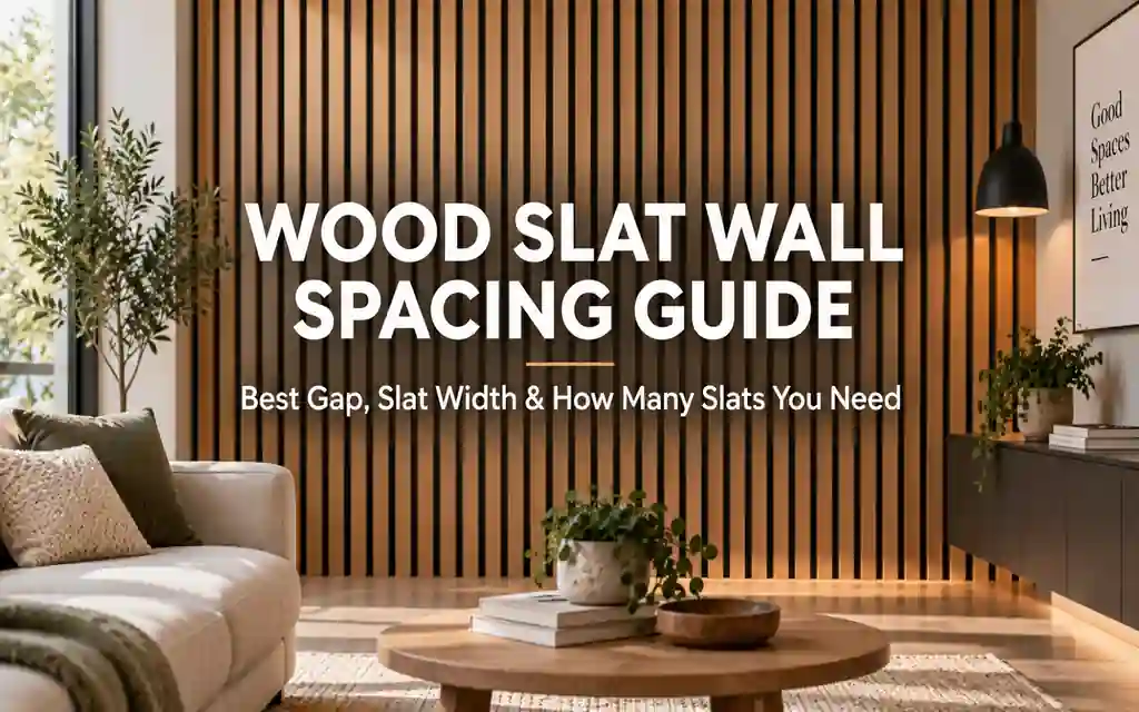 Modern vertical wood slat wall showing equal gaps, slat width and balanced edge spacing