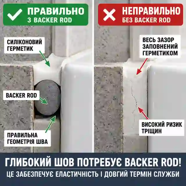 Схема глибокого шва з підкладочним шнуром backer rod і шаром силіконового герметика